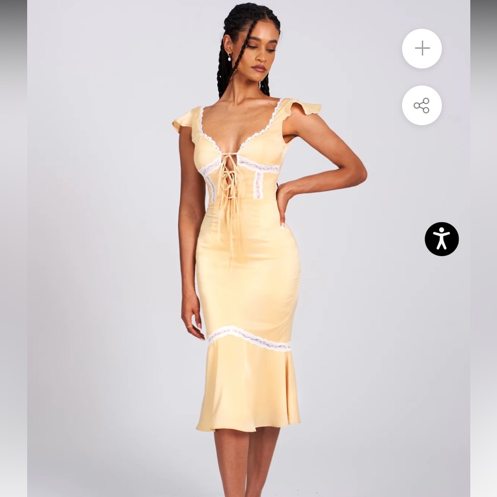 Zora Yellow Satin Lace Up Flare Midi Dress With Lace Details (XS)